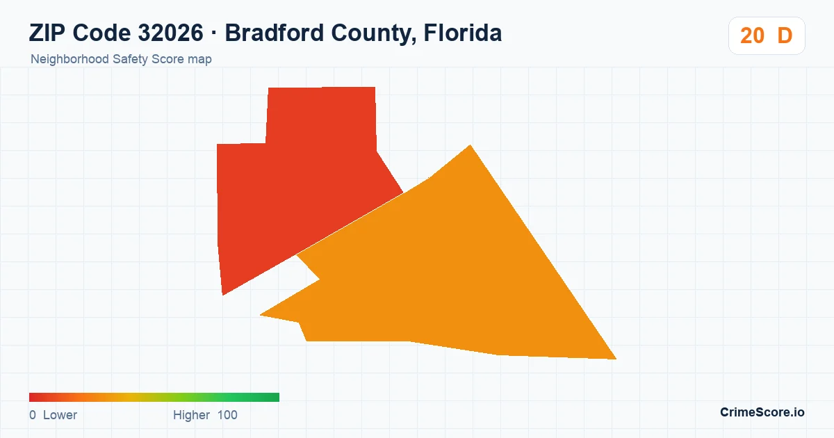 ZIP Code 32026 in Bradford County, Florida neighborhood Safety Score map