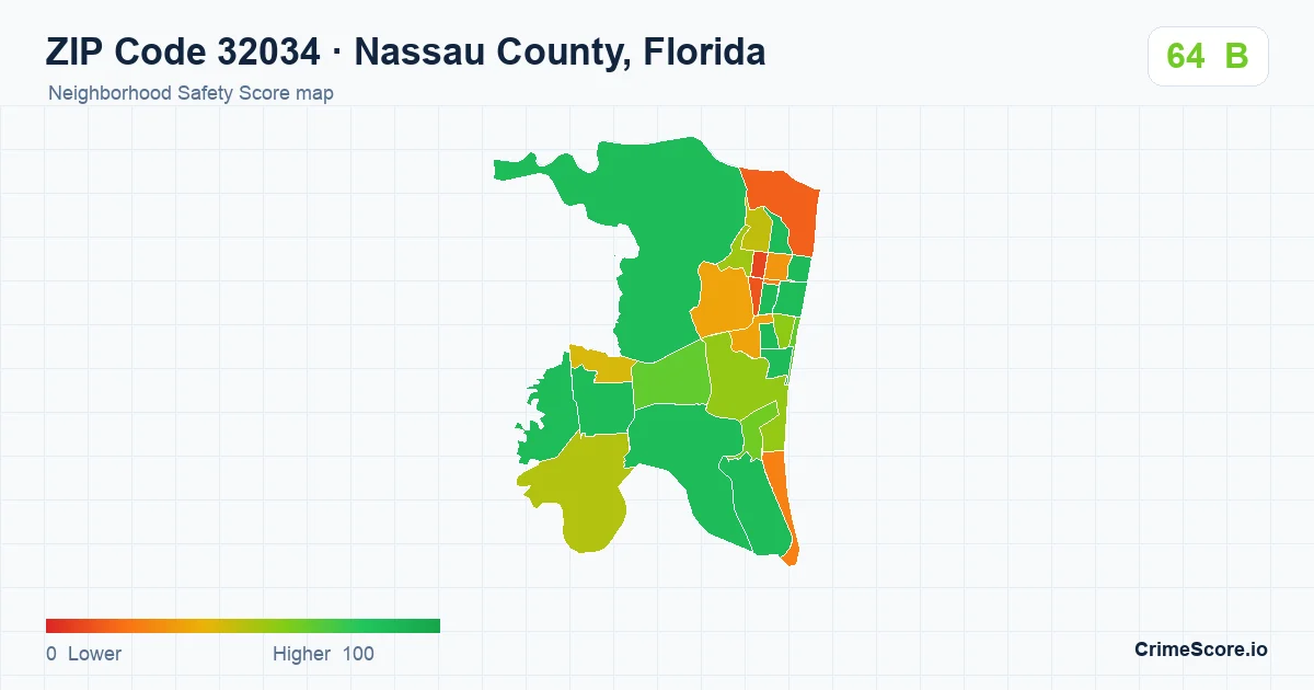 ZIP Code 32034 in Nassau County, Florida neighborhood Safety Score map