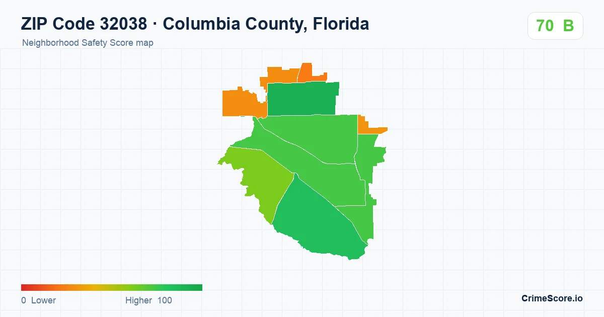 ZIP Code 32038 in Columbia County, Florida neighborhood Safety Score map