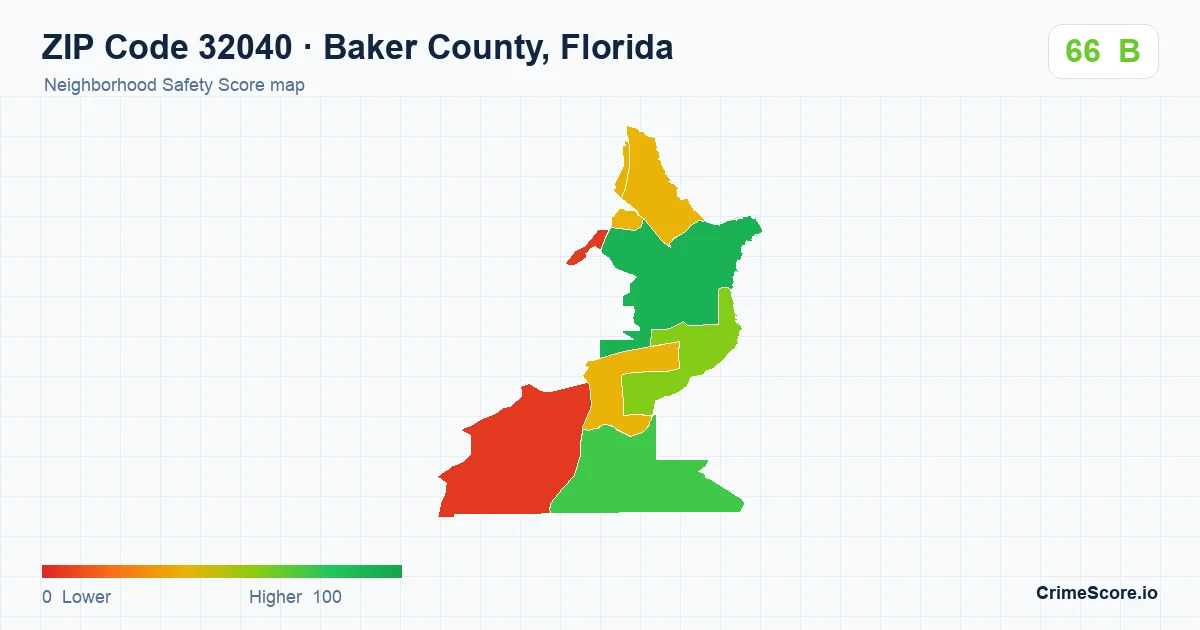ZIP Code 32040 in Baker County, Florida neighborhood Safety Score map