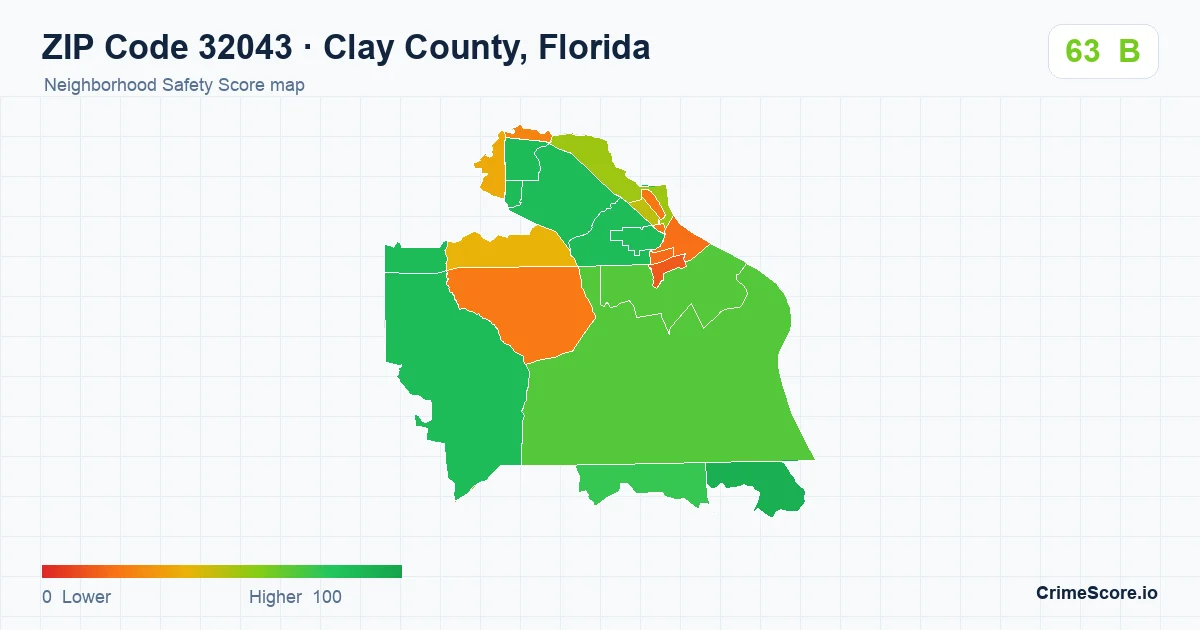 ZIP Code 32043 in Clay County, Florida neighborhood Safety Score map