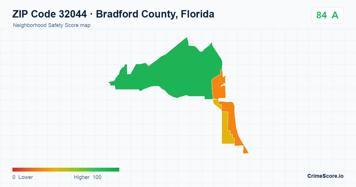 ZIP Code 32044 in Bradford County, Florida neighborhood Safety Score map