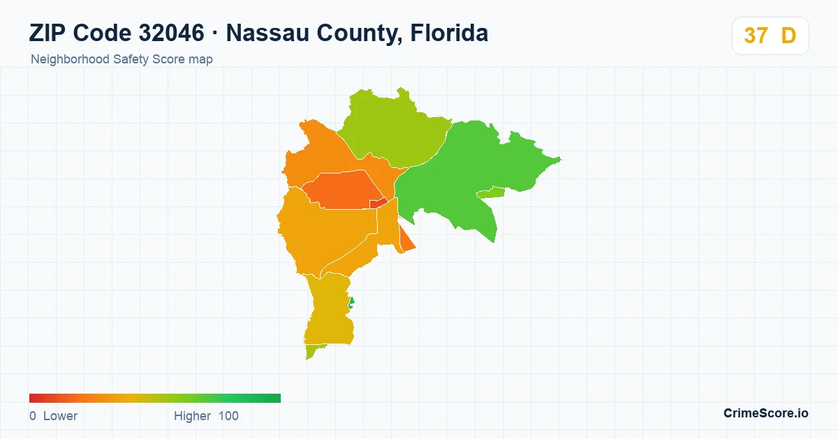 ZIP Code 32046 in Nassau County, Florida neighborhood Safety Score map