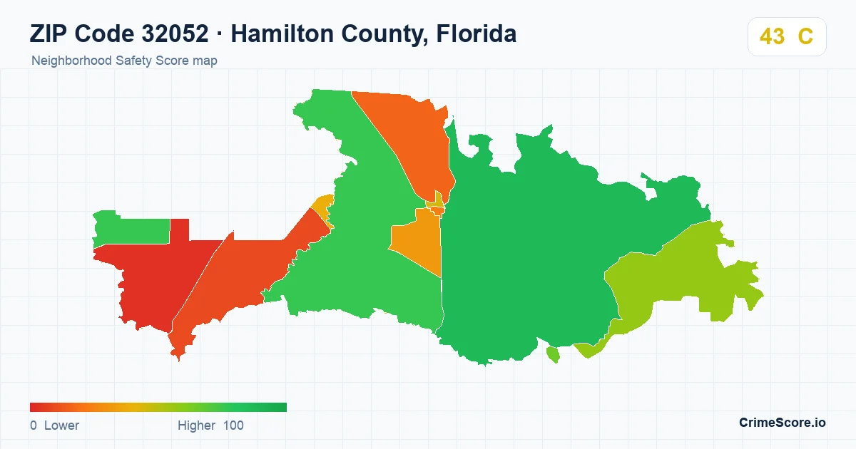 ZIP Code 32052 in Hamilton County, Florida neighborhood Safety Score map