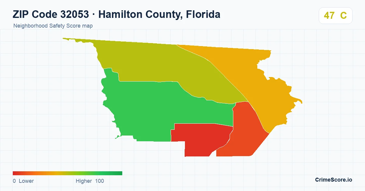 ZIP Code 32053 in Hamilton County, Florida neighborhood Safety Score map