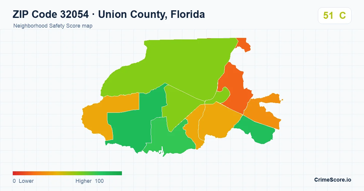 ZIP Code 32054 in Union County, Florida neighborhood Safety Score map