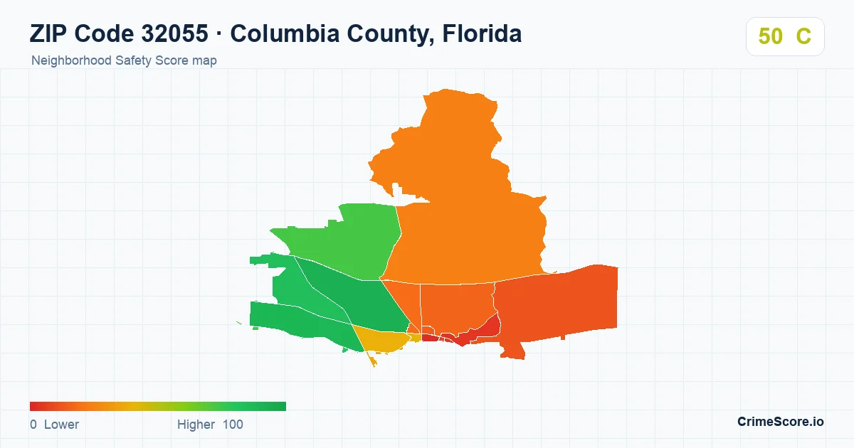 ZIP Code 32055 in Columbia County, Florida neighborhood Safety Score map