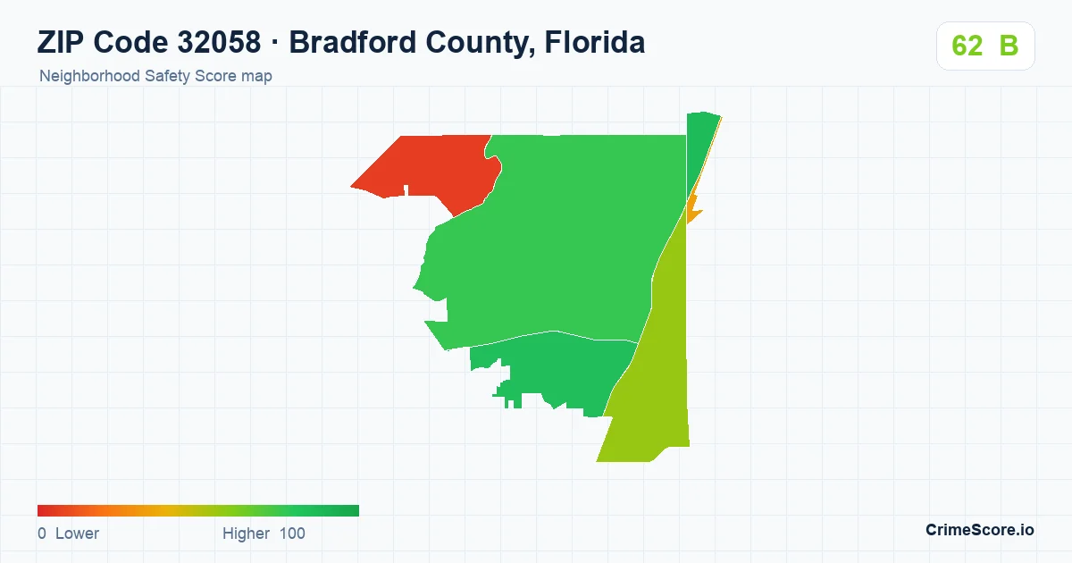 ZIP Code 32058 in Bradford County, Florida neighborhood Safety Score map