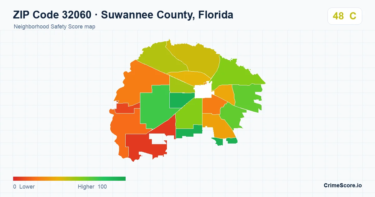 ZIP Code 32060 in Suwannee County, Florida neighborhood Safety Score map