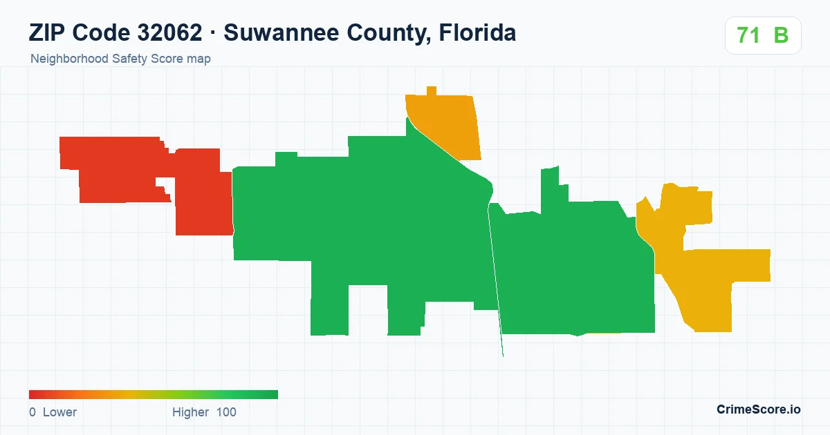 ZIP Code 32062 in Suwannee County, Florida neighborhood Safety Score map