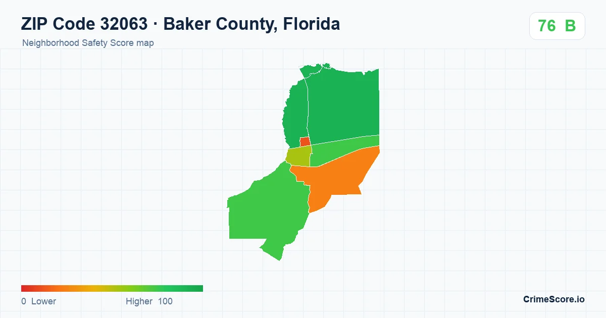 ZIP Code 32063 in Baker County, Florida neighborhood Safety Score map