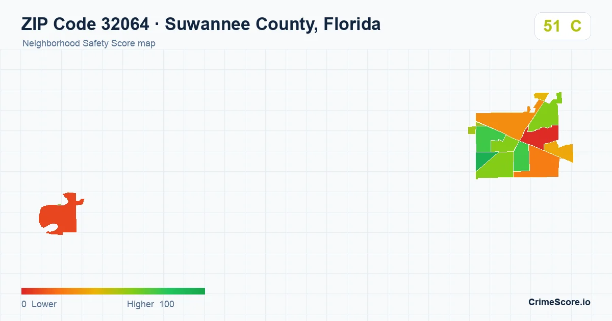 ZIP Code 32064 in Suwannee County, Florida neighborhood Safety Score map