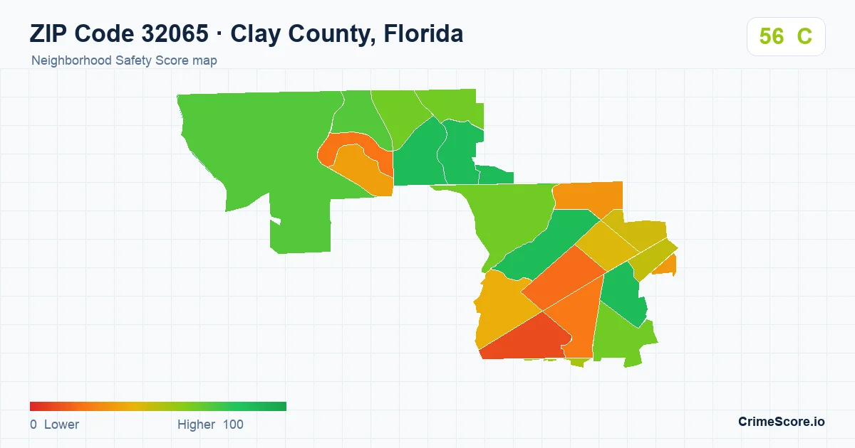 ZIP Code 32065 in Clay County, Florida neighborhood Safety Score map