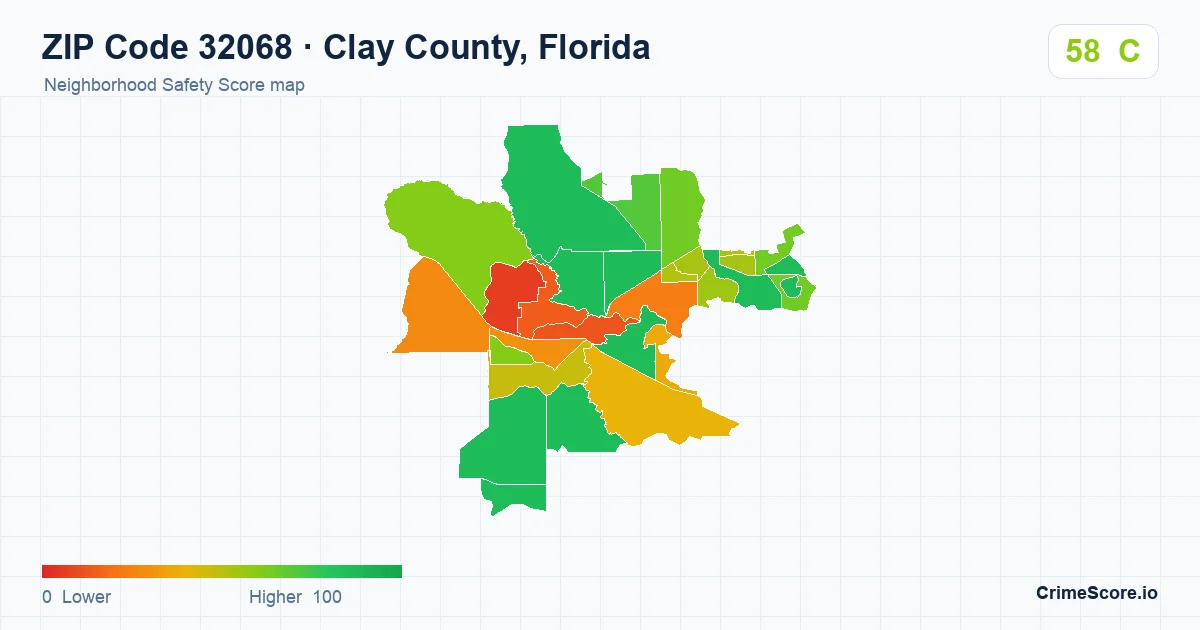 ZIP Code 32068 in Clay County, Florida neighborhood Safety Score map