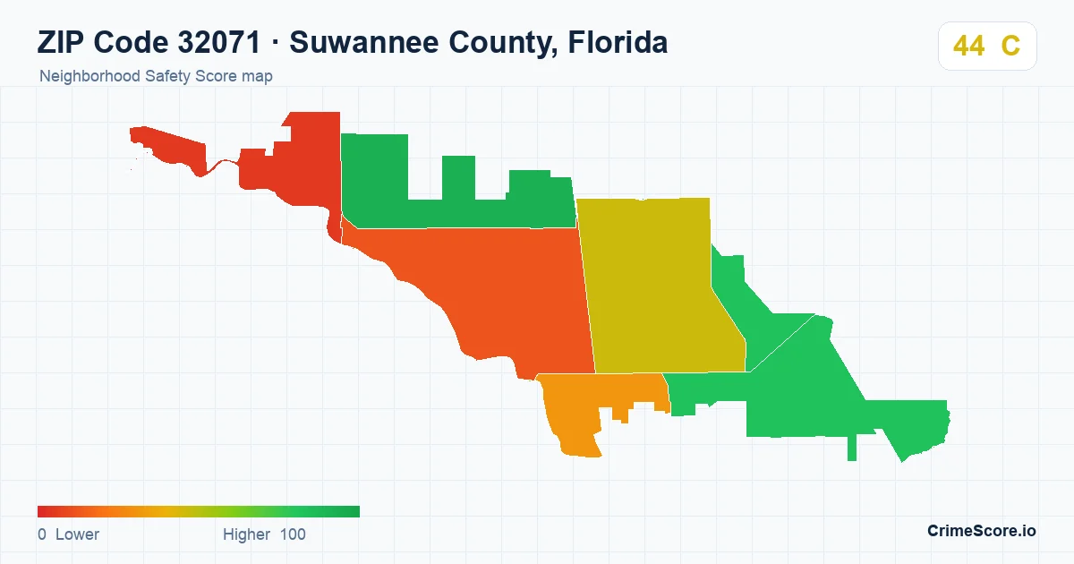 ZIP Code 32071 in Suwannee County, Florida neighborhood Safety Score map
