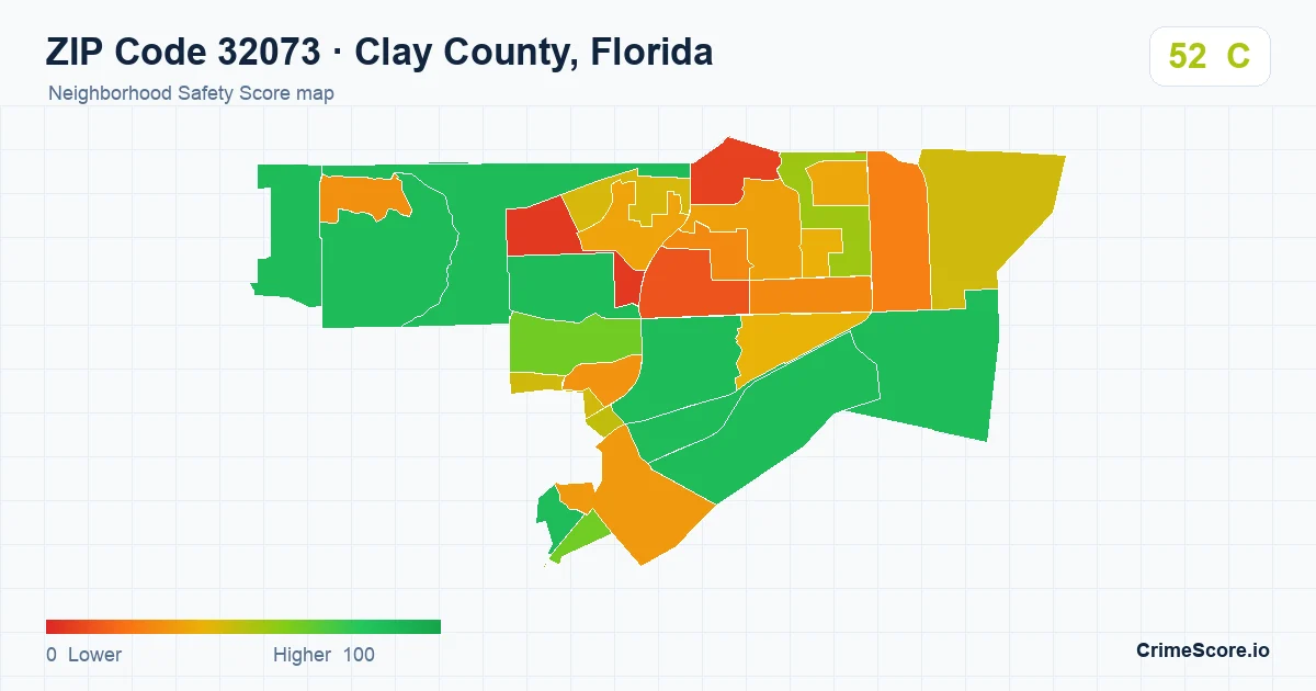 ZIP Code 32073 in Clay County, Florida neighborhood Safety Score map