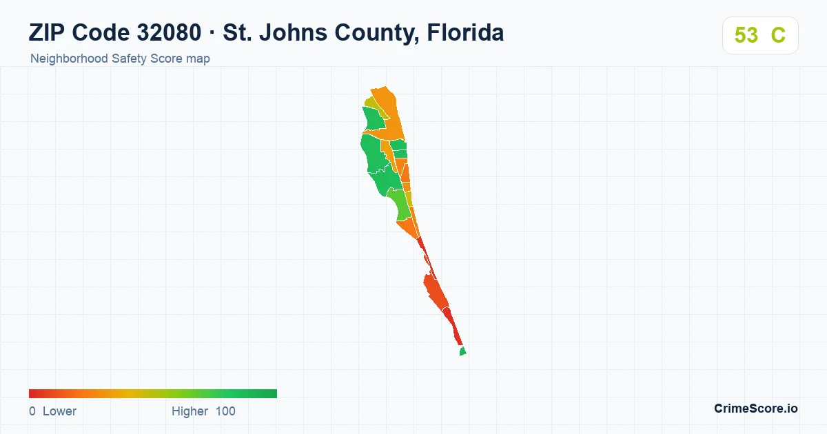 ZIP Code 32080 in St. Johns County, Florida neighborhood Safety Score map