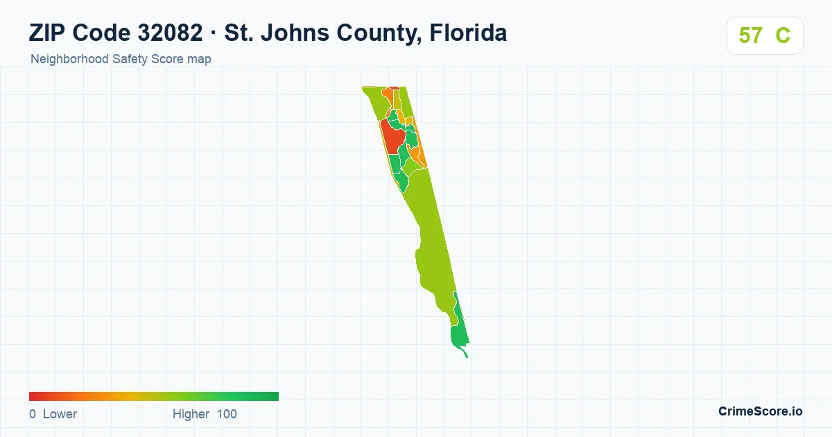 ZIP Code 32082 in St. Johns County, Florida neighborhood Safety Score map