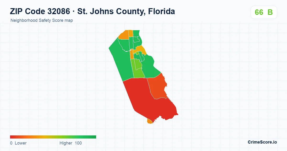 ZIP Code 32086 in St. Johns County, Florida neighborhood Safety Score map
