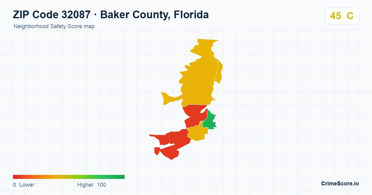 ZIP Code 32087 in Baker County, Florida neighborhood Safety Score map