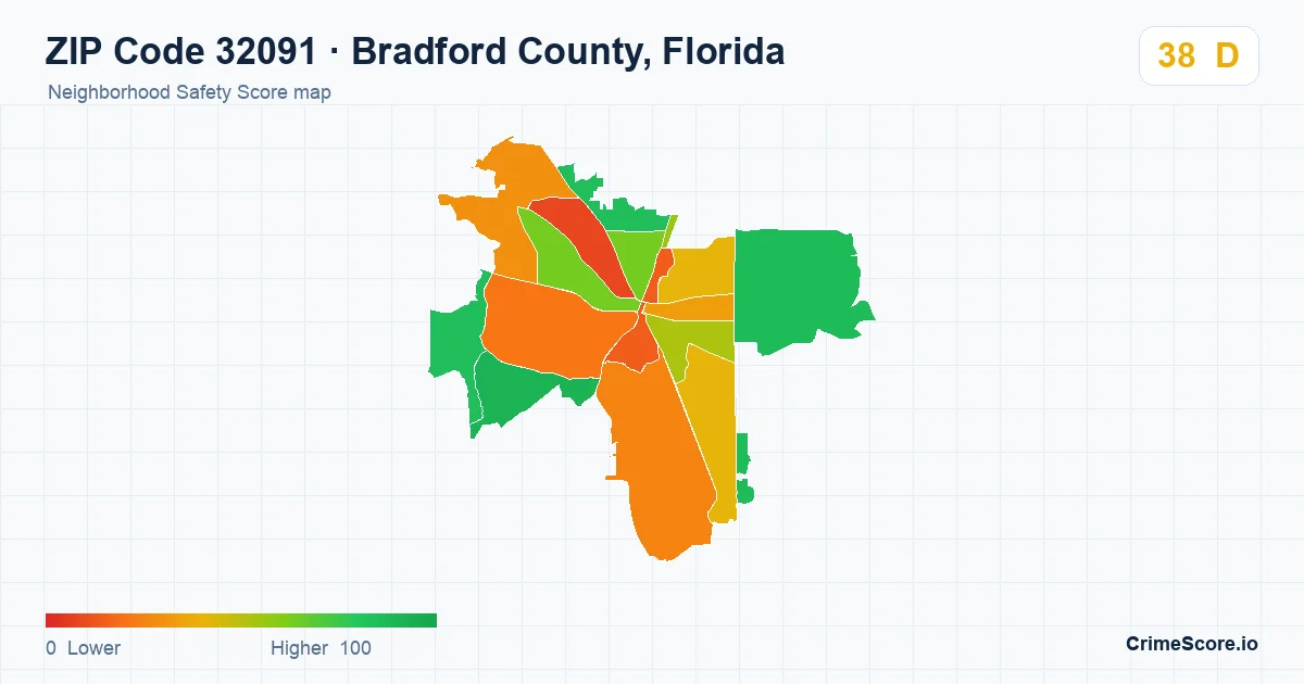 ZIP Code 32091 in Bradford County, Florida neighborhood Safety Score map