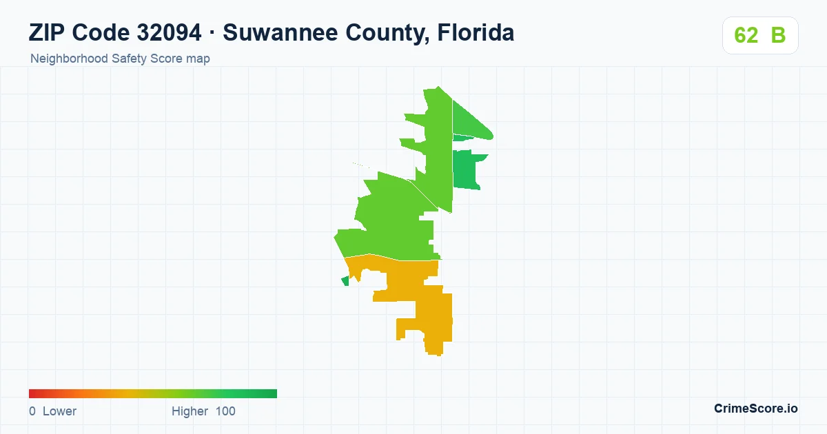 ZIP Code 32094 in Suwannee County, Florida neighborhood Safety Score map