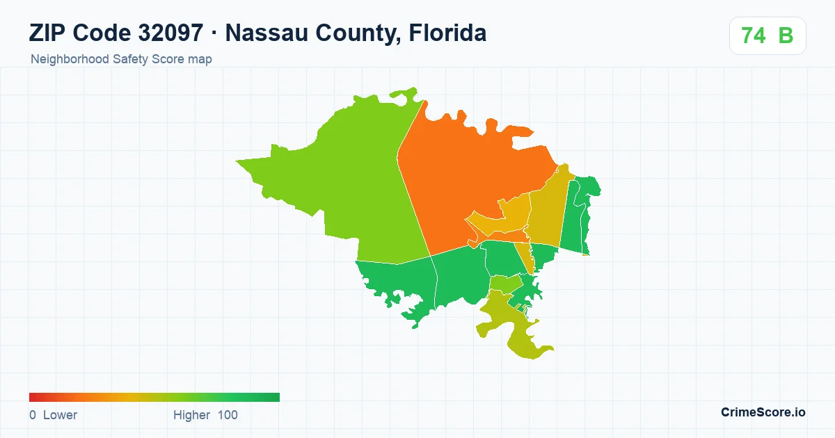 ZIP Code 32097 in Nassau County, Florida neighborhood Safety Score map