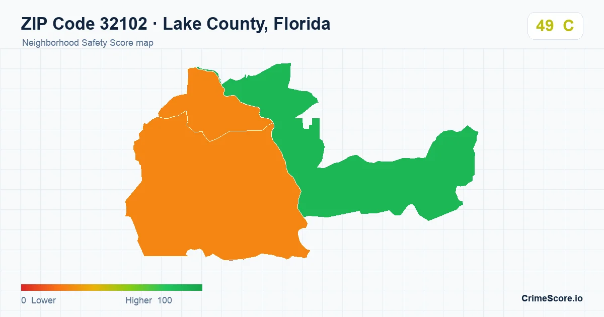 ZIP Code 32102 in Lake County, Florida neighborhood Safety Score map
