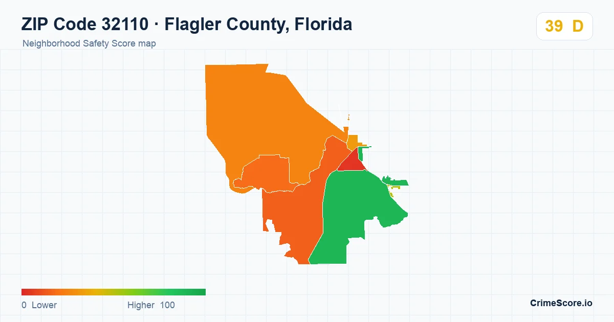 ZIP Code 32110 in Flagler County, Florida neighborhood Safety Score map