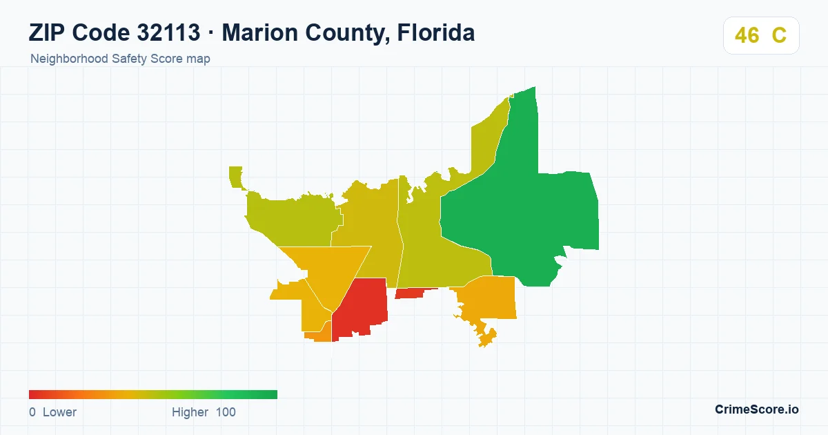 ZIP Code 32113 in Marion County, Florida neighborhood Safety Score map