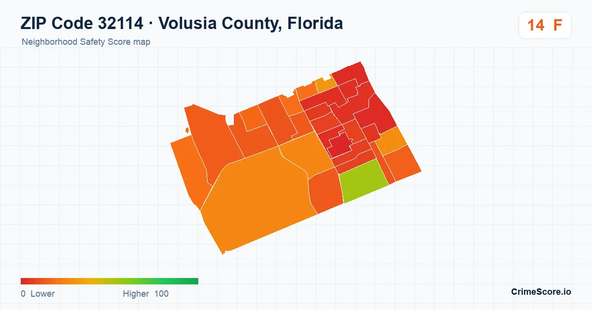 ZIP Code 32114 in Volusia County, Florida neighborhood Safety Score map