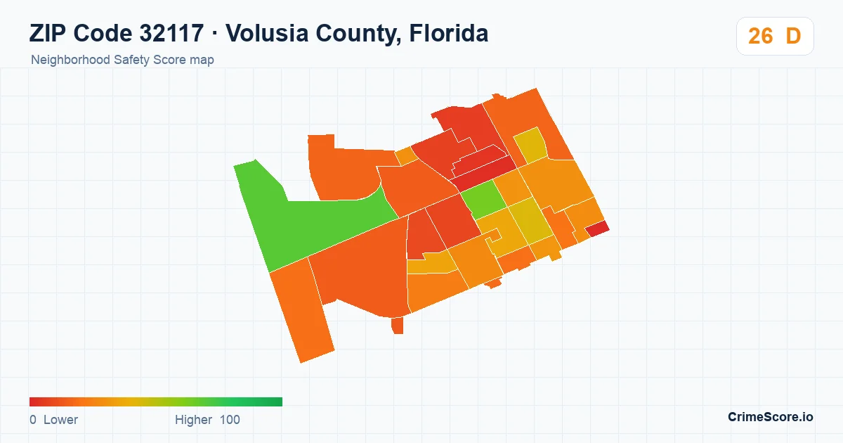ZIP Code 32117 in Volusia County, Florida neighborhood Safety Score map