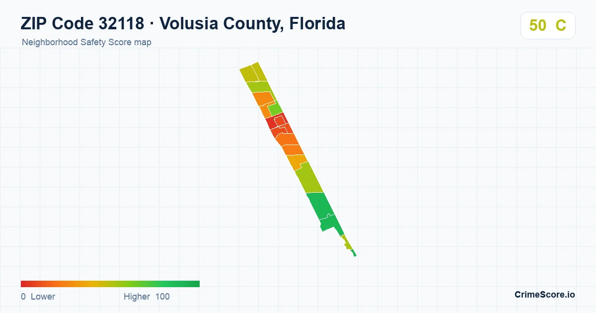 ZIP Code 32118 in Volusia County, Florida neighborhood Safety Score map