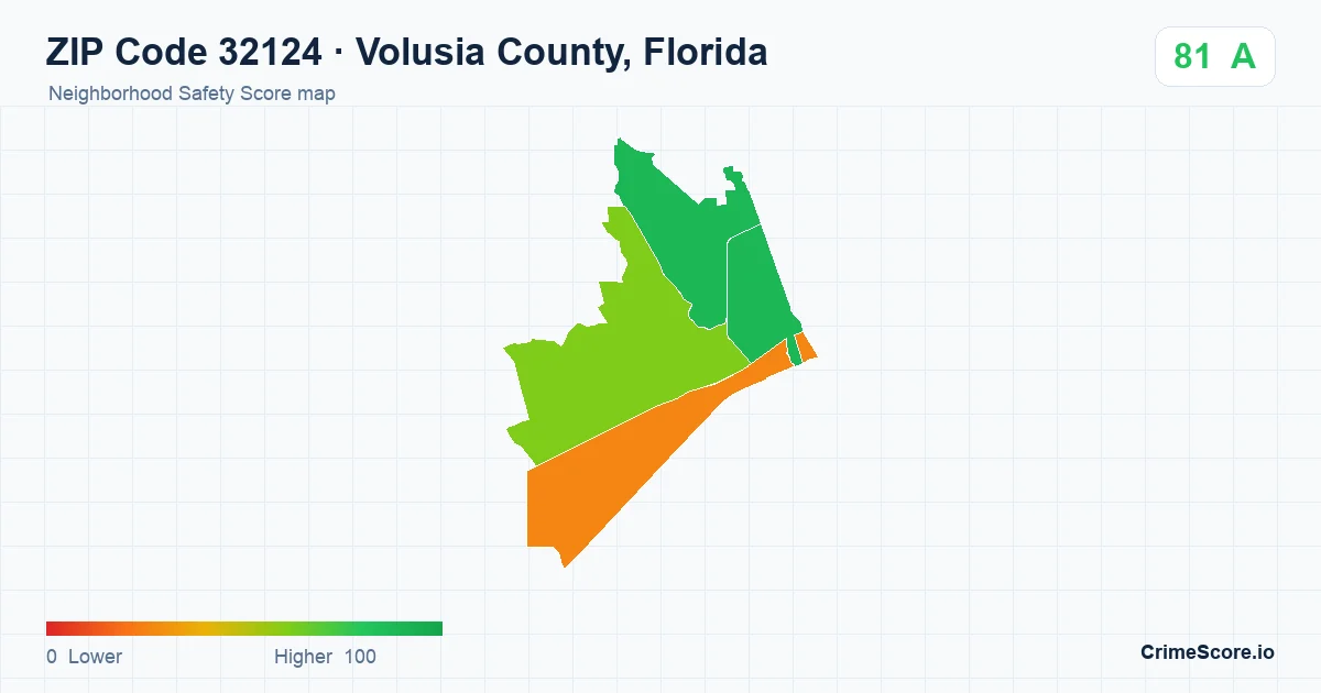 ZIP Code 32124 in Volusia County, Florida neighborhood Safety Score map