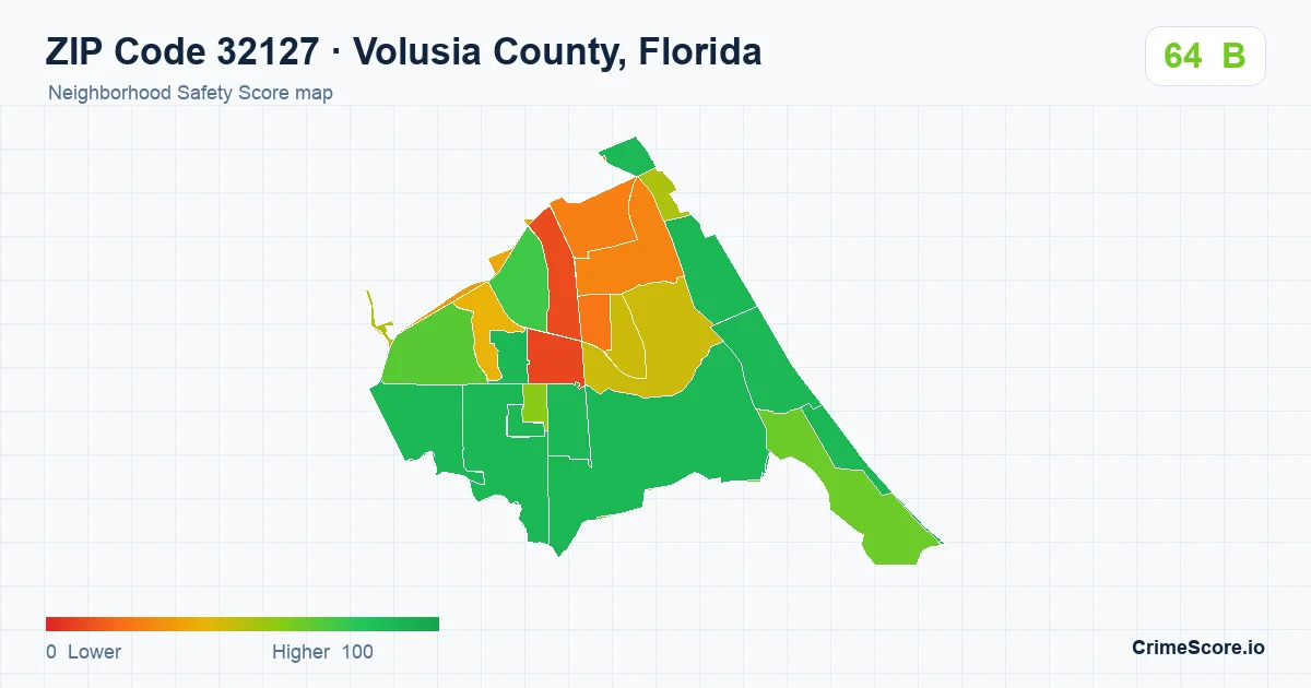 ZIP Code 32127 in Volusia County, Florida neighborhood Safety Score map