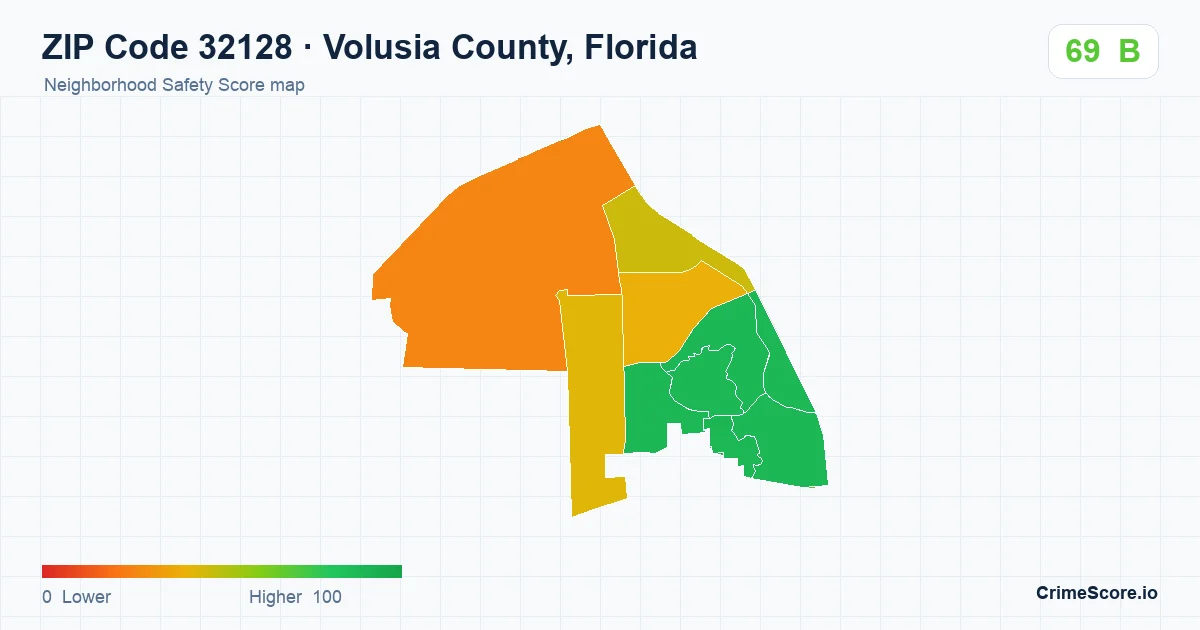 ZIP Code 32128 in Volusia County, Florida neighborhood Safety Score map