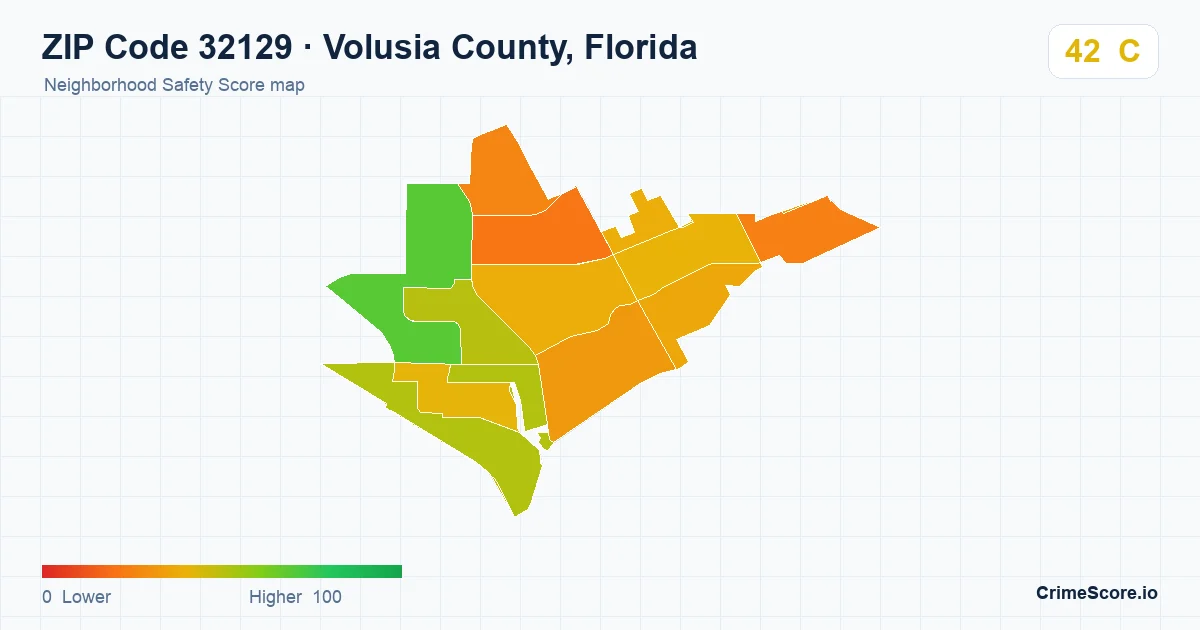 ZIP Code 32129 in Volusia County, Florida neighborhood Safety Score map