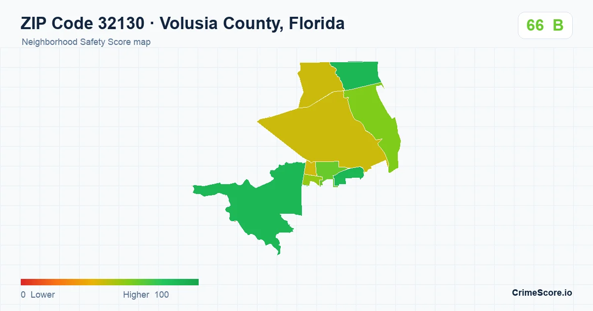 ZIP Code 32130 in Volusia County, Florida neighborhood Safety Score map