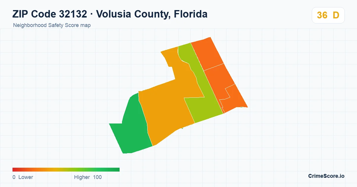 ZIP Code 32132 in Volusia County, Florida neighborhood Safety Score map