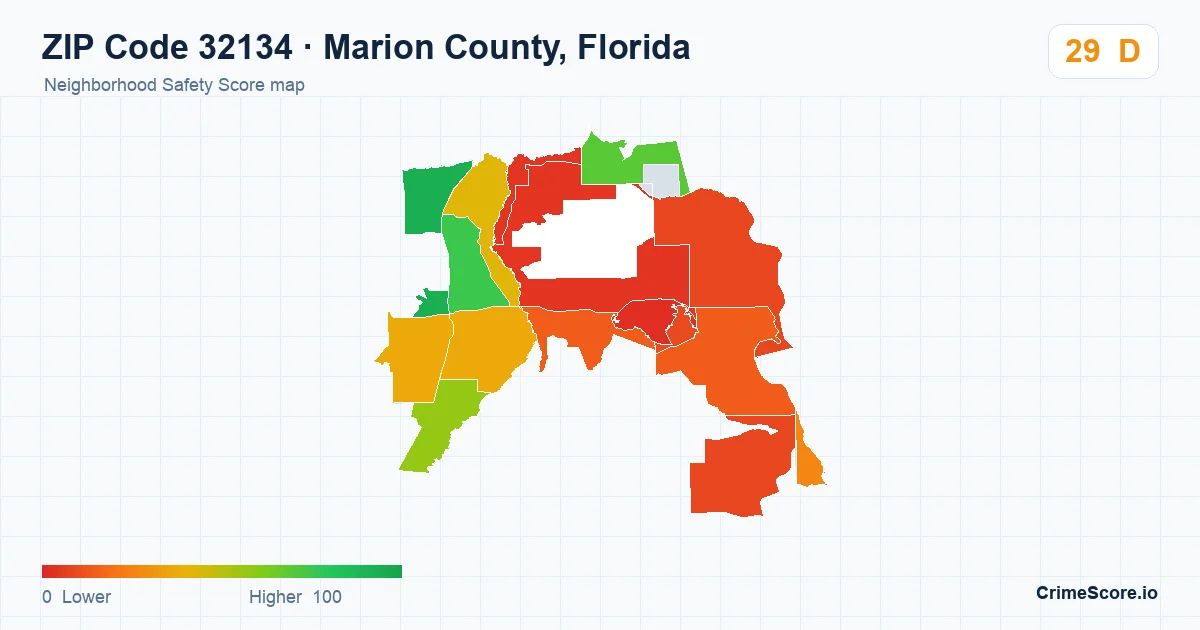 ZIP Code 32134 in Marion County, Florida neighborhood Safety Score map
