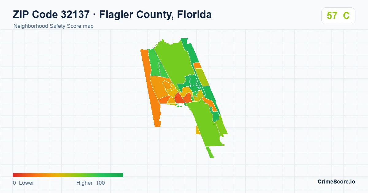 ZIP Code 32137 in Flagler County, Florida neighborhood Safety Score map