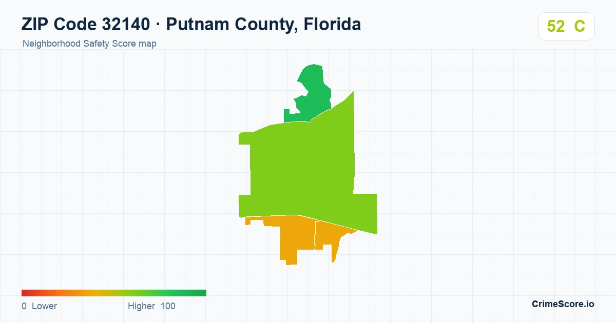 ZIP Code 32140 in Putnam County, Florida neighborhood Safety Score map