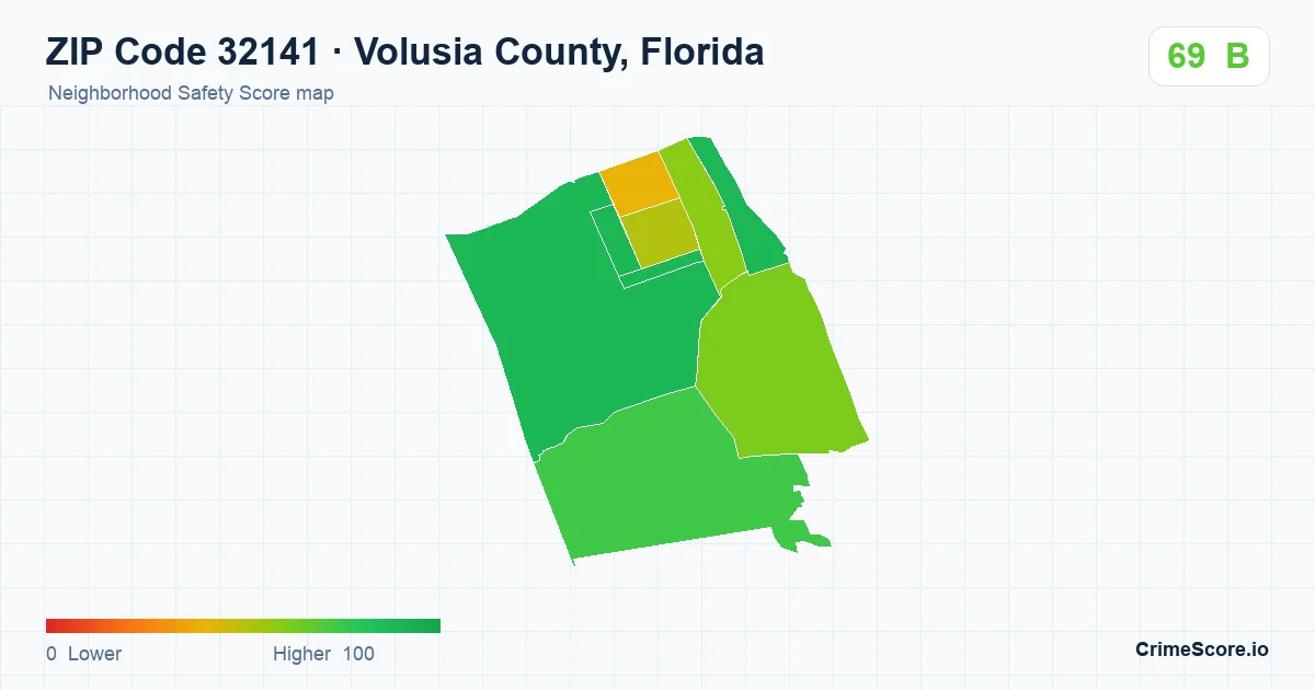 ZIP Code 32141 in Volusia County, Florida neighborhood Safety Score map