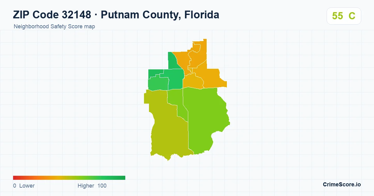 ZIP Code 32148 in Putnam County, Florida neighborhood Safety Score map