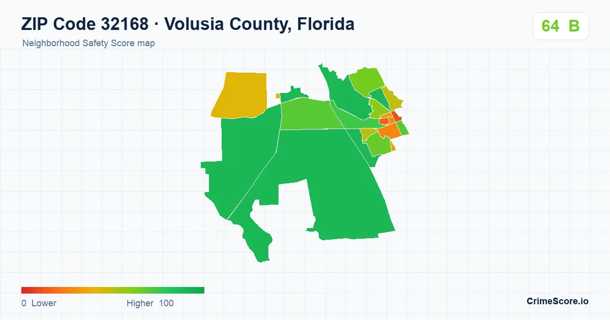ZIP Code 32168 in Volusia County, Florida neighborhood Safety Score map