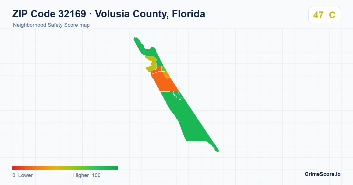 ZIP Code 32169 in Volusia County, Florida neighborhood Safety Score map