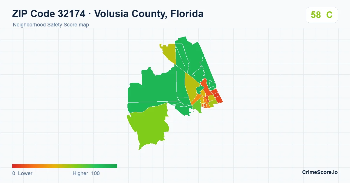 ZIP Code 32174 in Volusia County, Florida neighborhood Safety Score map