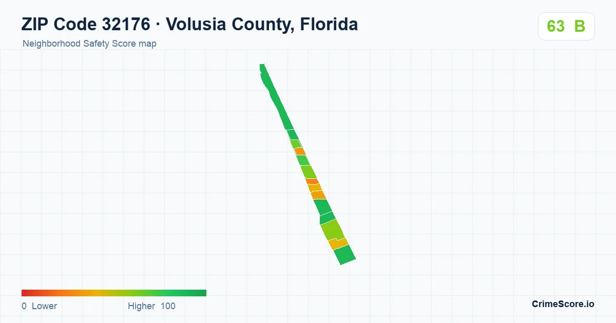 ZIP Code 32176 in Volusia County, Florida neighborhood Safety Score map