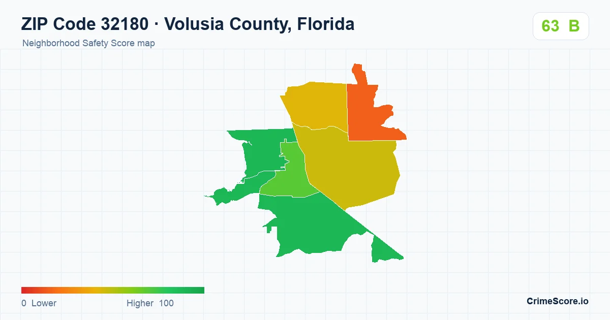 ZIP Code 32180 in Volusia County, Florida neighborhood Safety Score map