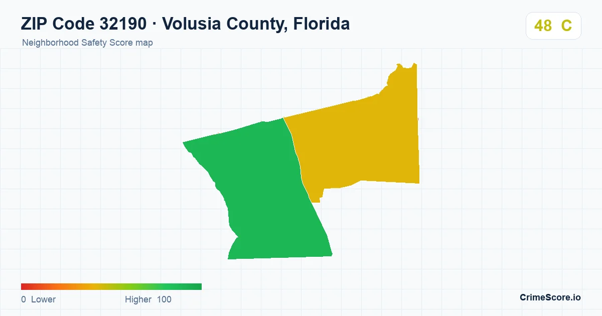 ZIP Code 32190 in Volusia County, Florida neighborhood Safety Score map
